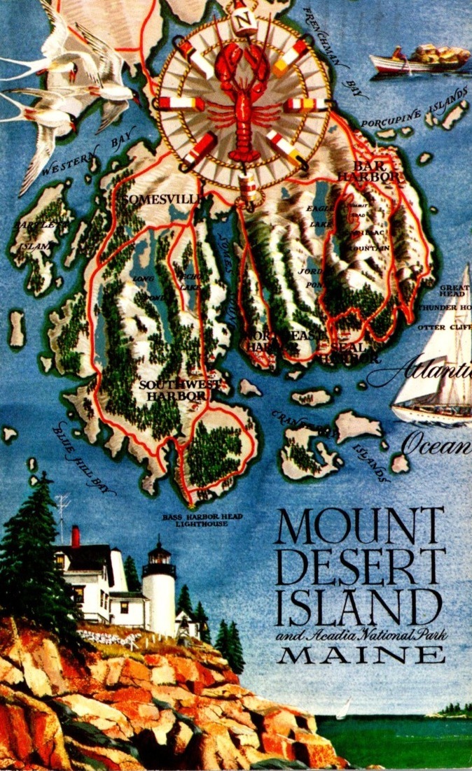 Maine Map Of Mount Desert Isle and Acadia National Park 1958 United