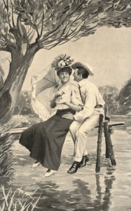 Vintage Postcard 1910's Romance Sweet Couple Lovers Sitting Down Near Big Tree