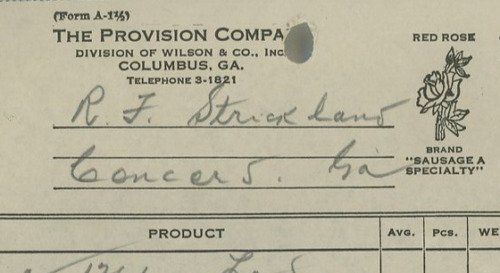 1945 The Provision Company Columbus GA Red Rose Sausage Bacon Lard Invoice 318 