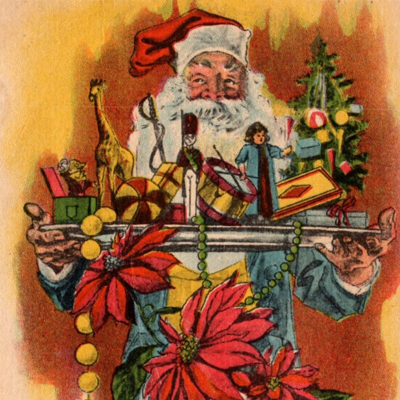 c1910 Blue Robe Santa Claus Red Hat Carrying Tray Of Toys Christmas Joy Postcard