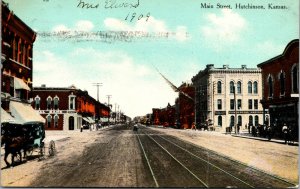 Vtg 1909 Main Street Hutchinson Kansas KS Horse Buggy Storefronts Banks Postcard