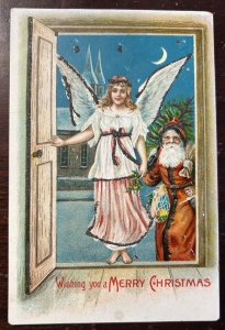 BROWN SUIT SANTA-TOYS-TREE-WINGED ANGEL AT DOOR-1910s MERRY CHRISTMAS POSTCARD