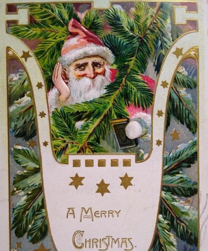 Santa Claus Christmas Postcard 1909 Peeking Behind Tree Branch Tucks Series 505 