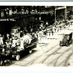 1910s Davenport, Iowa Sunday School Parade Real Photo Downtown Storefront A7