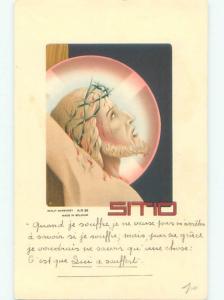 foreign 1945 Religious Postcard JESUS CHRIST WITH CROWN OF THORNS AC2838