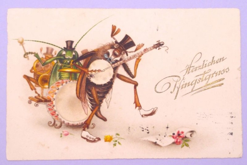 Dressed Bugs Insects Band Playing Instruments 1910s Pentecost Postcard Humanized