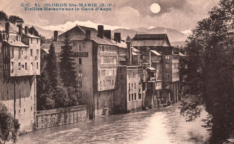 Vintage Postcard Vielles Maisons Sur Le Gave D'Aspe Oloron-Ste-Marie France