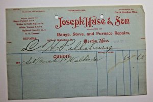 1890s Joseph Huse & Son Range Stove Furnace Blackstone St Boston Mass Letterhead