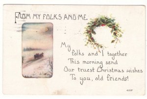 From My Folks And Me, Holly Wreath, Vintage 1915 Christmas Postcard