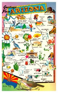 Postcard MAP Arizona - Greetings from Arizona - state bird flag