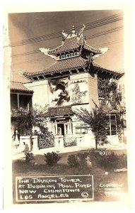 RPPC Postcard Dragon Tower Bubbling Pool Road New Chinatown Los Angeles Quillen