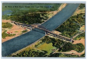 1945 Air View New Bourne Bridge Grove Lake River Road Cape Cod Canal MA Postcard