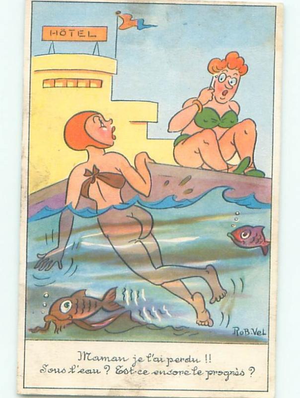 foreign 1953 Risque signed FRENCH GIRL LOSES BATHING SUIT WHILE SWIMMING  AB7309 | Topics - Risque - Women - Women, Postcard