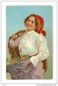 Woman Holding A Basket & Flowers,  Italy , 1900-1910s