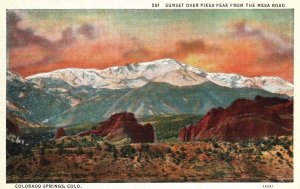 Vintage Postcard Sunset Over Pikes Peak From Mesa Road Mountain Colorado Springs