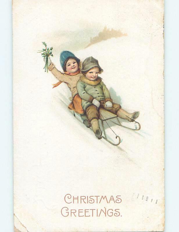 Bent corner Pre-Linen new year foreign FRENCH KIDS RIDE ON TOBOGGAN SLED ho3854