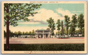 Griffin Georgia 1940s Postcard Brown's Tourist Camp Cottages Gas Pumps