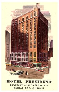 Hotel President Downtown Kansas City Missouri Old Cars Postcard