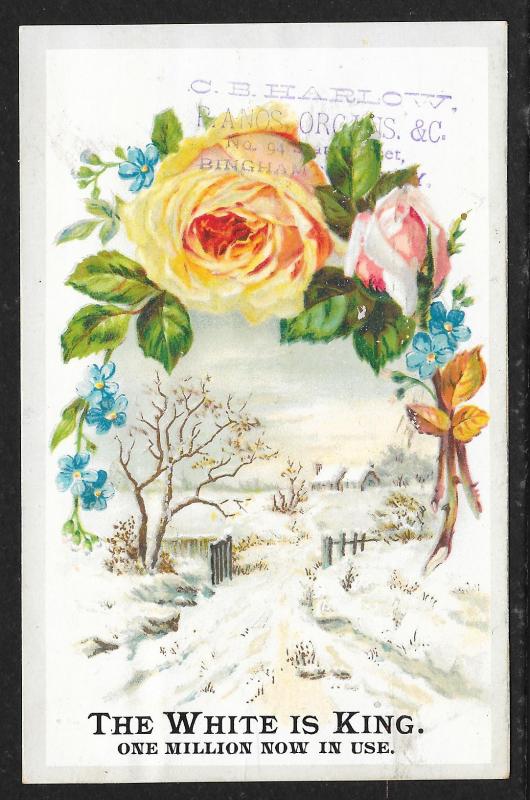 VICTORIAN TRADE CARD White Sewing Co Stock Card Roses & Snow View