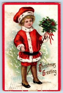 Christmas Greeting Boy Santa Claus With Berries Clapsaddle Owego NY Postcard
