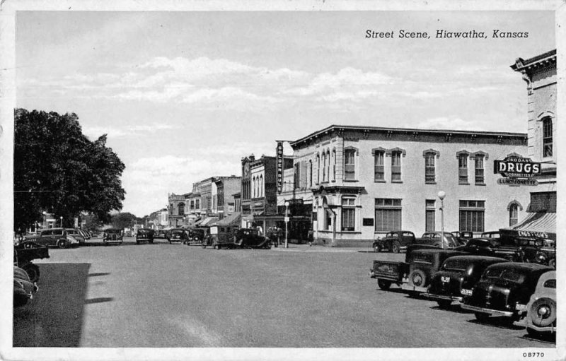 Hiawatha Kansas Street Scene Drug Store Vintage Postcard JI658156