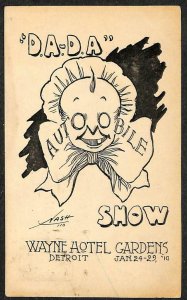 DADA CLOWN AUTOMBILE SHOW DETROIT ADVERTISING ARTIST SIGNED NASH POSTCARD 1910