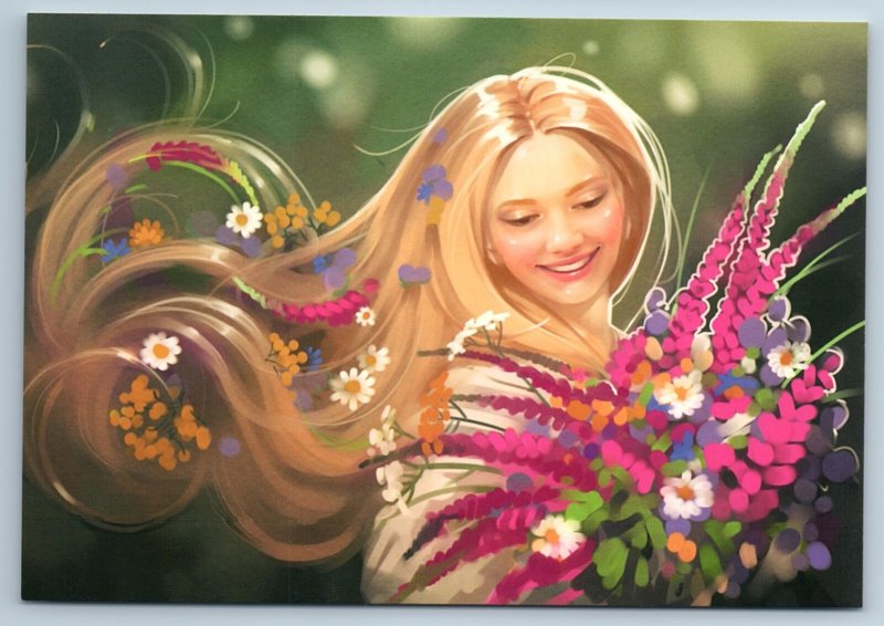 PRETTY WOMAN with Long Hair Spring Flowers Beauty Russian New Postcard