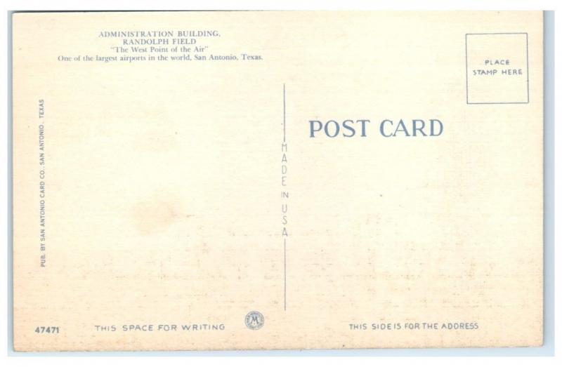 Mid-1900s San Antonio, TX, Randolph Field Administration Building Postcard