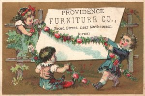 1880s-90s Children Playing Providence Furniture Co. Broad Street Cloths Stoves