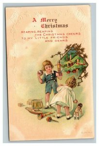 Vintage 1910's Christmas Postcard Cute Children Open Presents on Xmas Morning