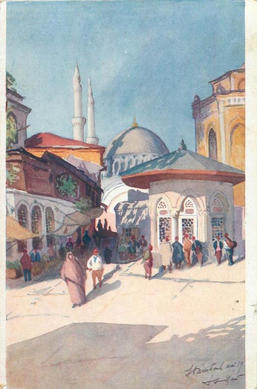 Lot 7 early artist signed postcards Turkey Istanbul Constantinople mosques