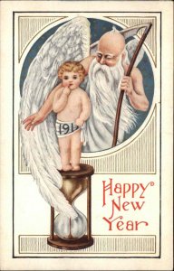 New Year Fantasy Father Time Scythe Baby New Year c1910 Vintage Postcard