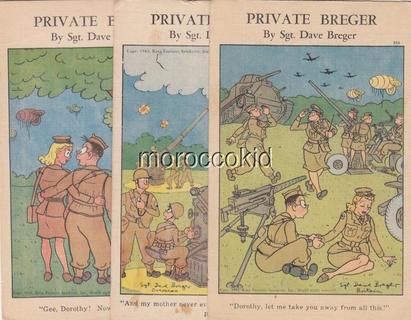 ARTIST SIGNED, LOT OF 3 DIF. WWII PRIVATE BREGER USED POSTCARDS by SGT. BREGER