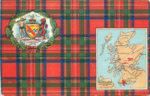 Johnston Postcard 200/6 Scottish Clan Stewart Tartan, Badge & Scotland Map