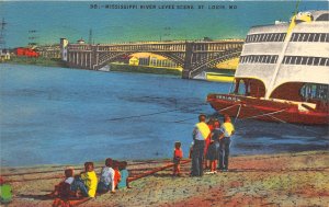 St. Louis Missouri 1954 Postcard Mississippi River Levee Scene Bridge Boat