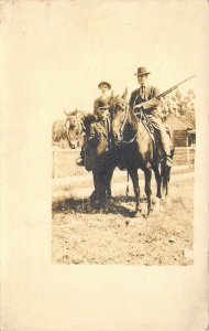 c.1910, Armed Man on Horseback with Family, Holding Shotgun, Old Postcard