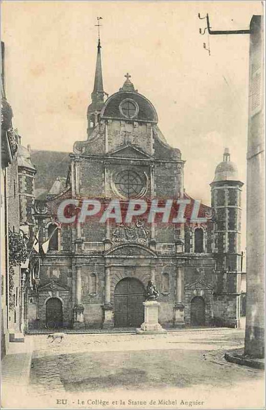 Old Postcard US college and the statue of Michael Anguier