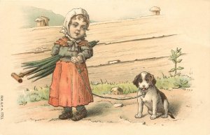 Embossed Postcard Farm Girl With Umbrella and Puppy Dog Ser G.F.A. 1753