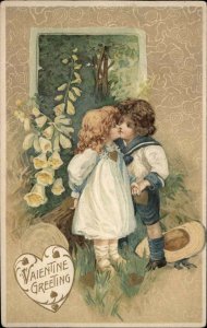 Winsch Valentine Little Girl and Boy Kissing Embossed c1910 Vintage Postcard