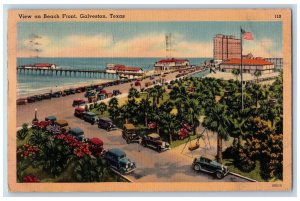 Galveston Texas TX Postcard Bird's Eye View Of View On Beach Front 1944 Cars