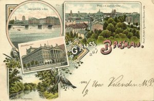 BRESLAU WROCŁAW, Lithographie, Lessingbrücke Dom, Stadttheater (1899) Polen AK