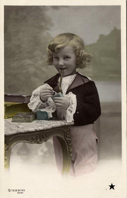 Beautiful Young Curly Girl with Smoking Tobacco Pipe (1910s) Stebbing RPPC III