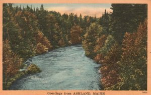 Vintage Postcard 1940's Greetings From Ashland Maine River Forest Trees Nature