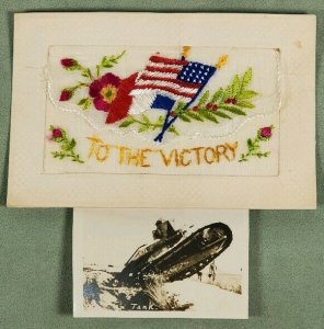 WWI Silk Embroidered USA France Victory Envelope Tank Photo Insert Postcard M11