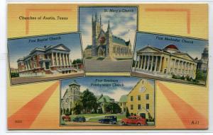 Churches Austin First Baptist St Marys Methodist Presbyterian Texas postcard