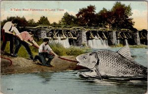 Exxagerated Fish and Fisherman Sportsman Men Landing a Big One Postcard Y15