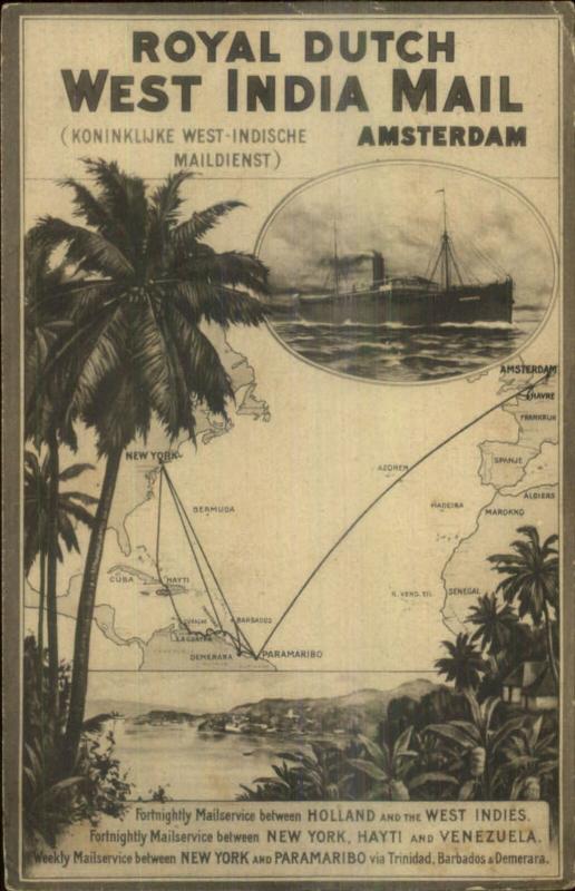 Royal Dutch West India Mail Steamship Suriname & Route Map Used 1910 Postcard