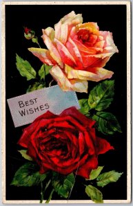 1912 Best Wishes Pink and Red Rose Flowers Greetings Posted Postcard