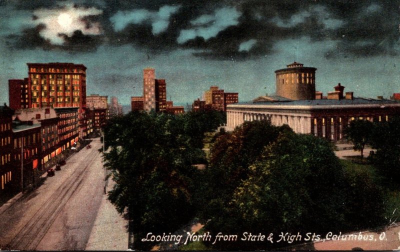 Ohio Columbus Looking North From State and High Streets At Night 1910