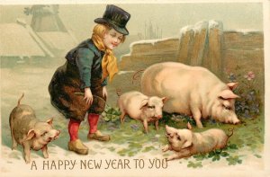 Embossed New Year Postcard, Boy in Top Hat w/ Pig Family in Clover, Germany